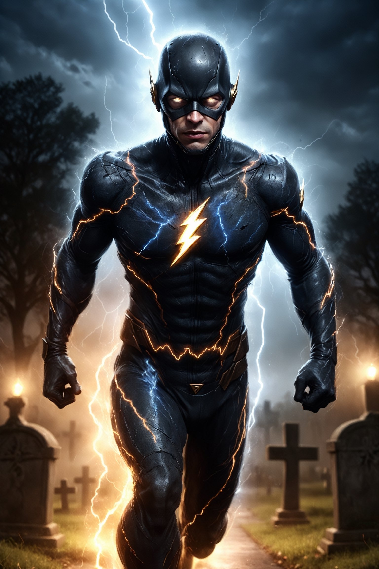 A detailed,  realistic digital painting of Black Flash in the style of Zack Snyder. He is running through a cemetery at ni...