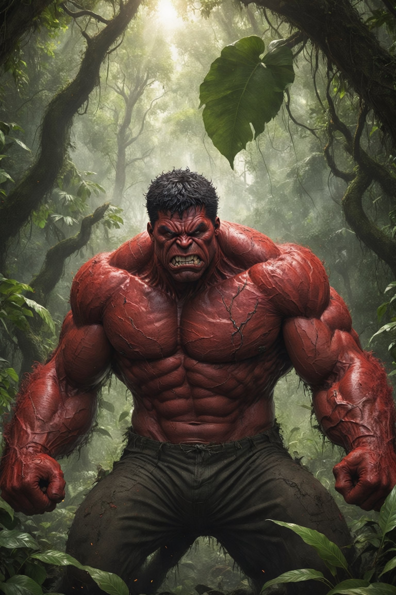 A detailed,  hyperrealistic digital painting of Red Hulk in a dirty,  jungle-themed loincloth. He is rampaging through a d...