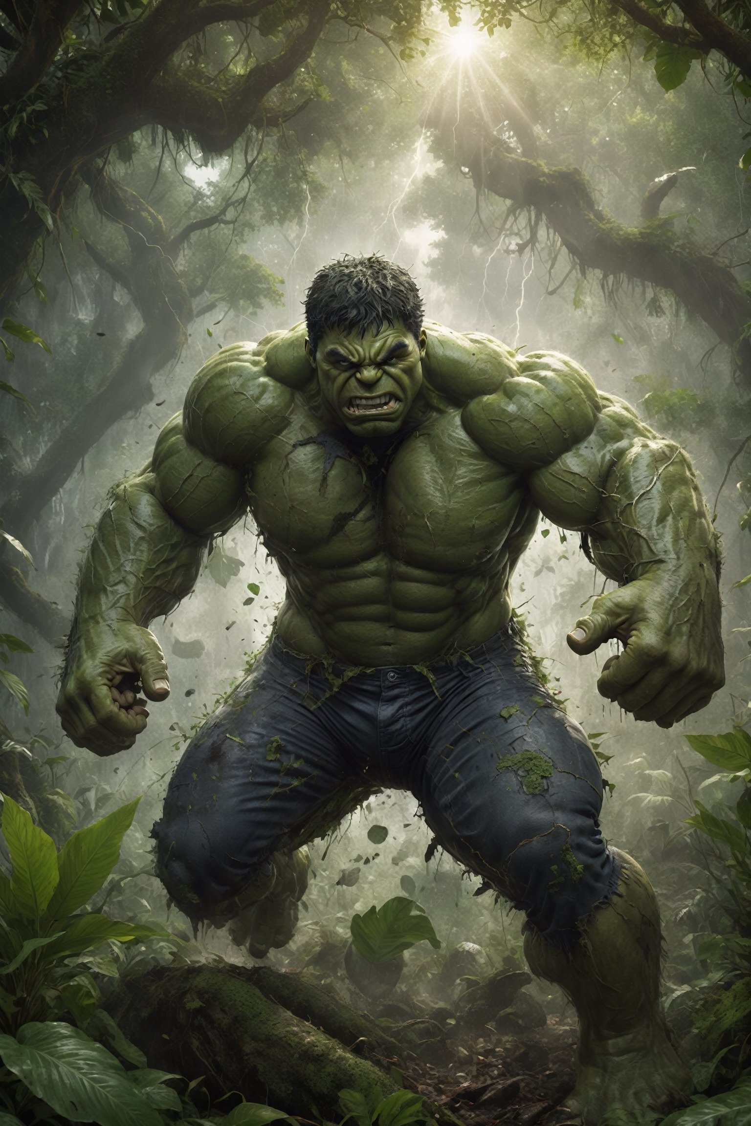 A detailed,  hyperrealistic digital painting of Hulk in a dirty,  jungle-themed loincloth. He is rampaging through a dense...