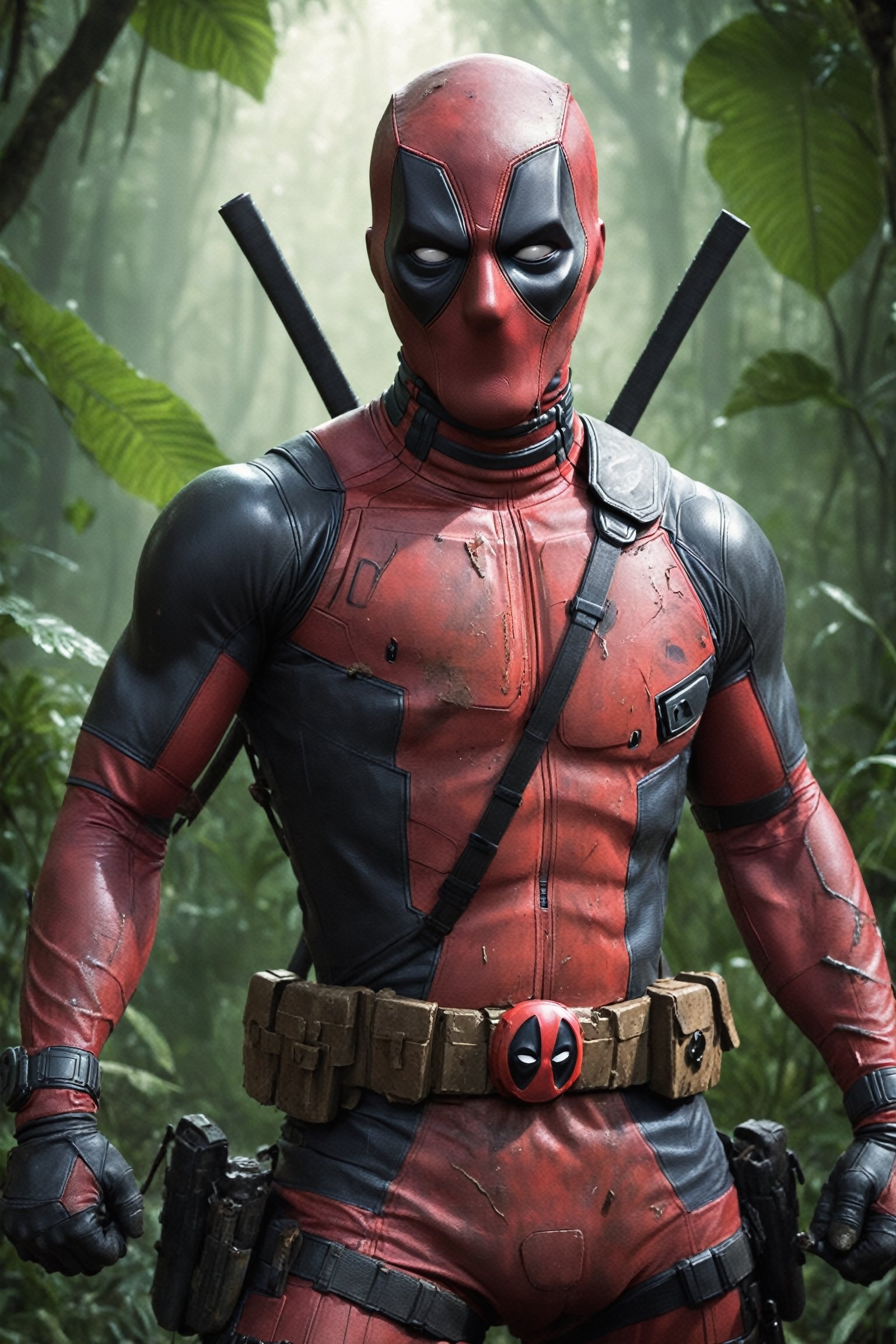 A detailed,  hyperrealistic digital painting of Deadpool in a dirty,  jungle-themed costume. He is regenerating from a gun...