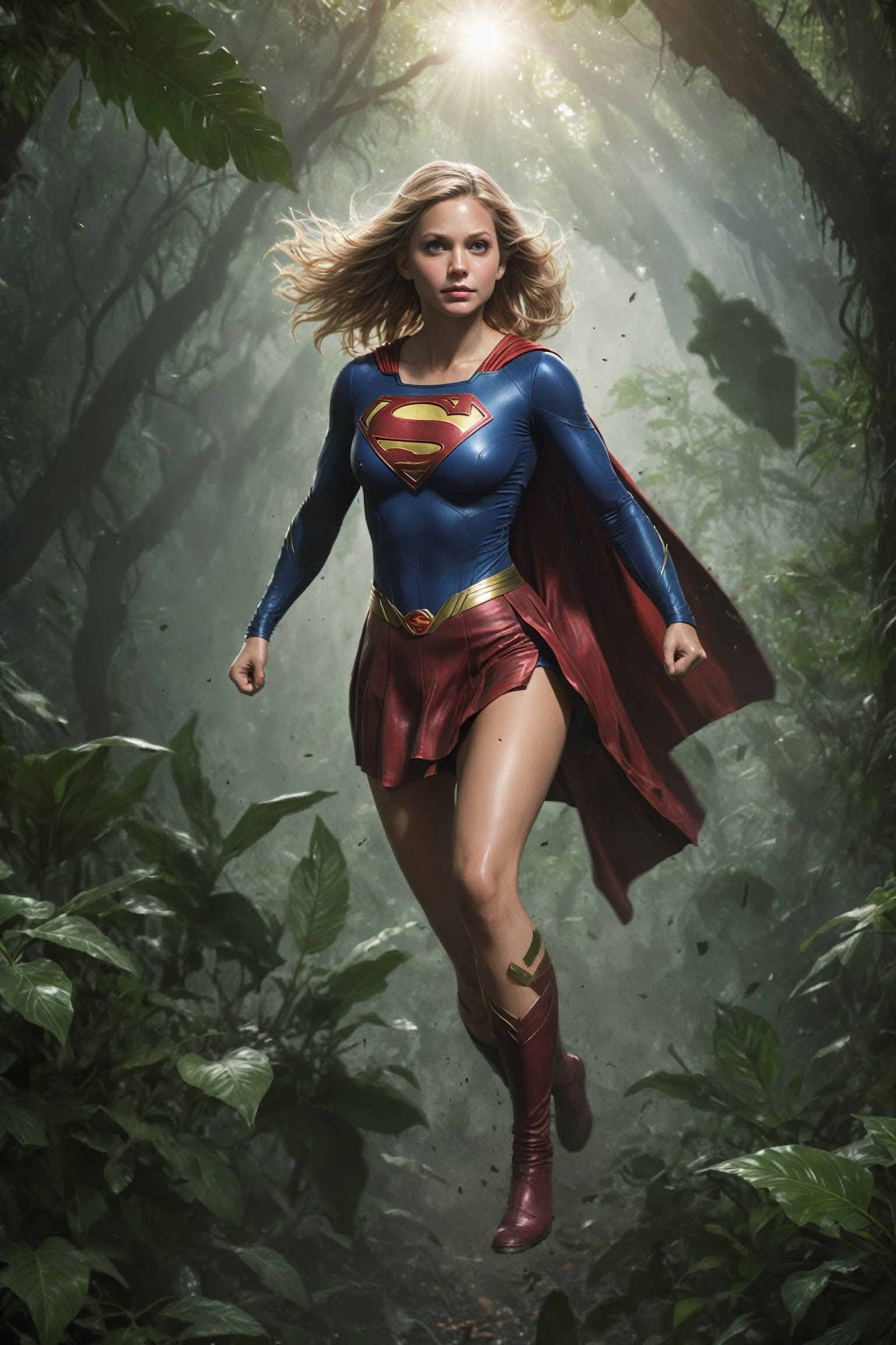 A detailed,  hyperrealistic digital painting of Supergirl in a dirty,  jungle-themed costume. She is flying over a dense b...