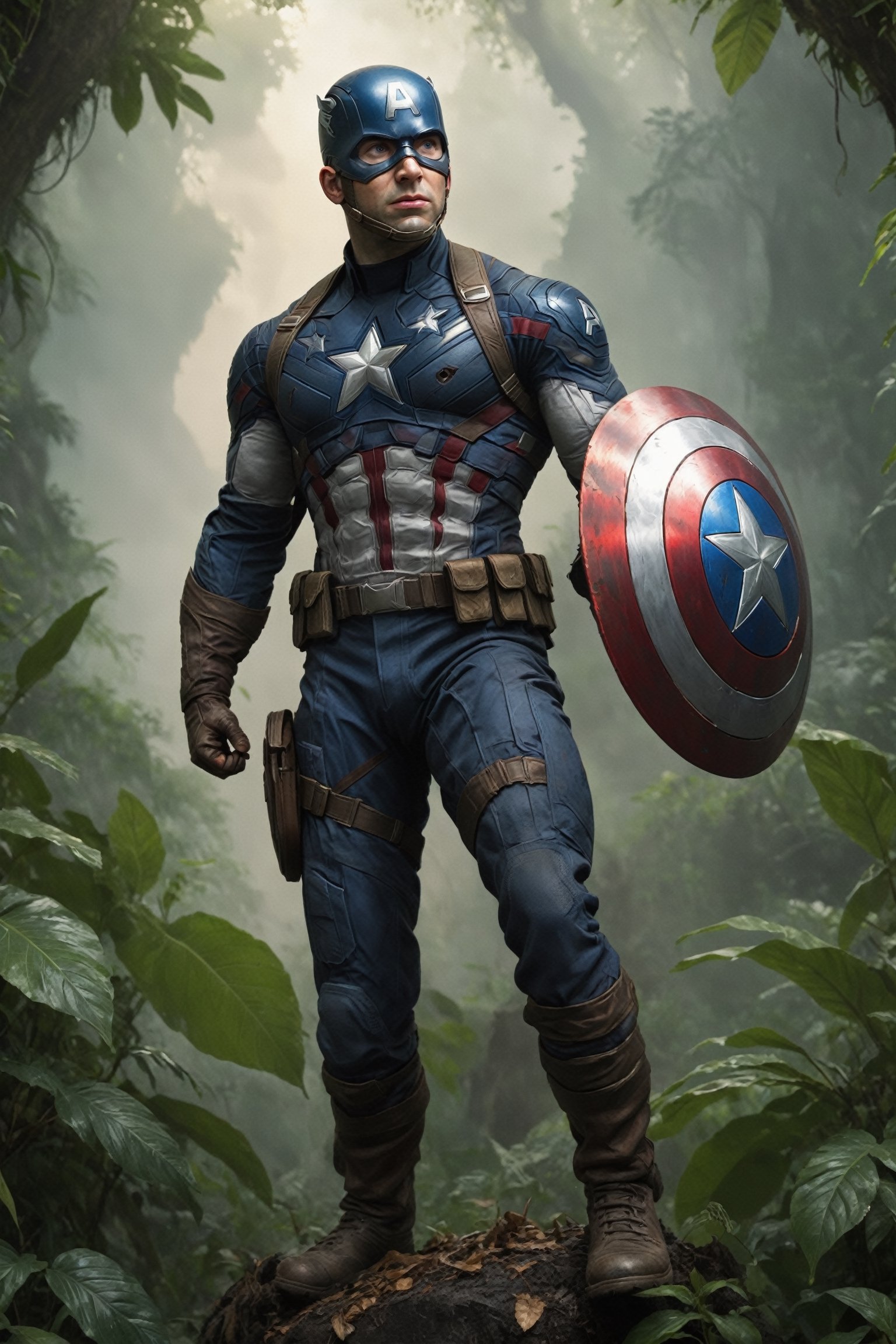 A detailed,  hyperrealistic digital painting of Captain America in a dirty,  jungle-themed costume. He is standing on a cl...