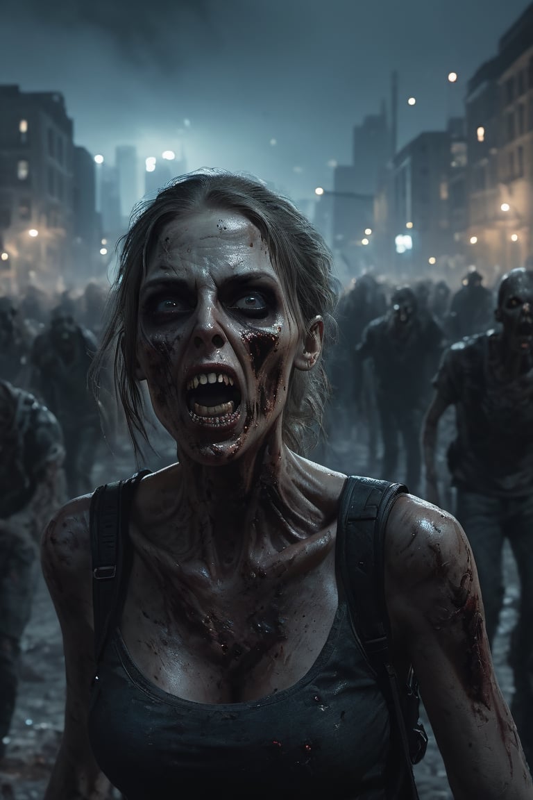 photography, walking death zombies, she looks towards the camera, scream, open mouth, aggressive, walking towards a city, 
portrait: 8k resolution photorealistic masterpiece: 8k resolution concept art intricately detailed, zombie city at night background, intricate, sharp focus,  professional, unreal engine, extremly detailed, cinematic lighting, aesthetic, Detailedface, Movie Still,photo r3al,HellAI