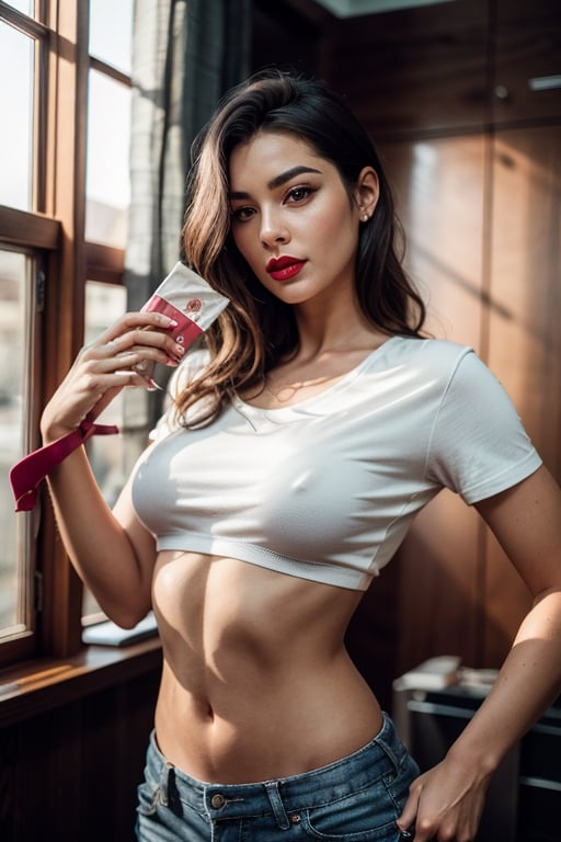 a photorealistic,  high resolution,  1women,  mature female, beautiful face, face detailed, solo,  hips up, crop top t-shirt,  brown hair,  shorts,  make up,  red lips,  centered frame, one of his hands was holding a condom box and showing it to the camera,  