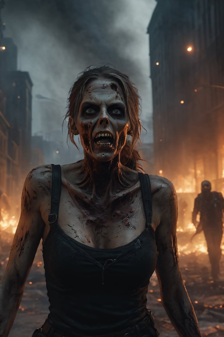 photography, walking death zombies, she looks towards the camera, scream, open mouth, aggressive, walking towards a city, 
portrait: 8k resolution photorealistic masterpiece: 8k resolution concept art intricately detailed, zombie city at night background, city burns on fire background, intricate, sharp focus,  professional, unreal engine, extremly detailed, cinematic lighting, aesthetic, Detailedface, Movie Still,photo r3al,HellAI