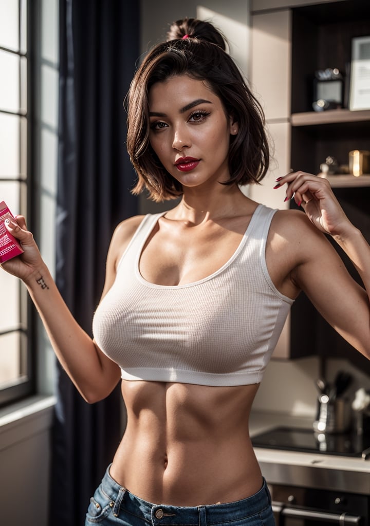 photorealistic,  high resolution,  1women,  mature female, beautiful face, face detailed, solo,  hips up, lowcut crop t-shirt,  brown hair,  shorts,  make up,  red lips,  girl,  one of his hands was holding a condom box and showing it to the camera,  