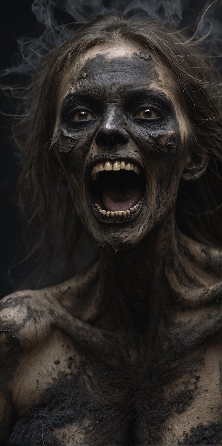 a female creepy, terrific, macabre, scream, open mouth, sharp teeth, aggresive, female monster made of black smoke, dead rotting skin on the face, dirty muddy hair, extremely detailed dried rotting peeling dead skin, dark theme, high contrast, HellAI, head close up, super detail; demon, hell, disappearing, turning to dust, black eyes