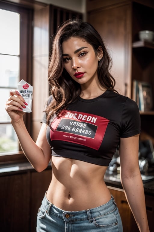 a photorealistic,  high resolution,  1women,  mature female, beautiful face, face detailed, solo,  hips up, crop top t-shirt,  brown hair,  shorts,  make up,  red lips,  centered frame, one of his hands was holding a condom box and showing it to the camera,  