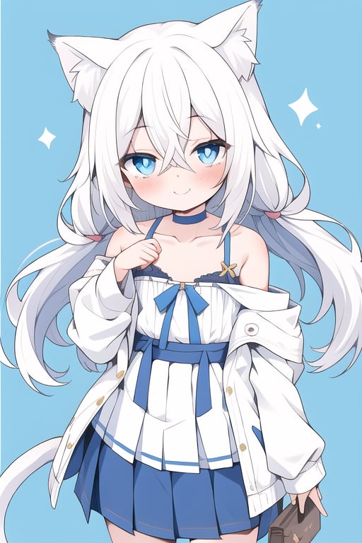 ((catgirl)), white hair, bare shoulders, long hair, blush, looking at viewer, blue background, blue eyes, closed mouth,cat ears, hair between eyes, collarbone, female solo, loli, petety, bokeh, head out of frame, pleated skirt,flat chest, white clothes, summer long skirt,facing viewer,smile