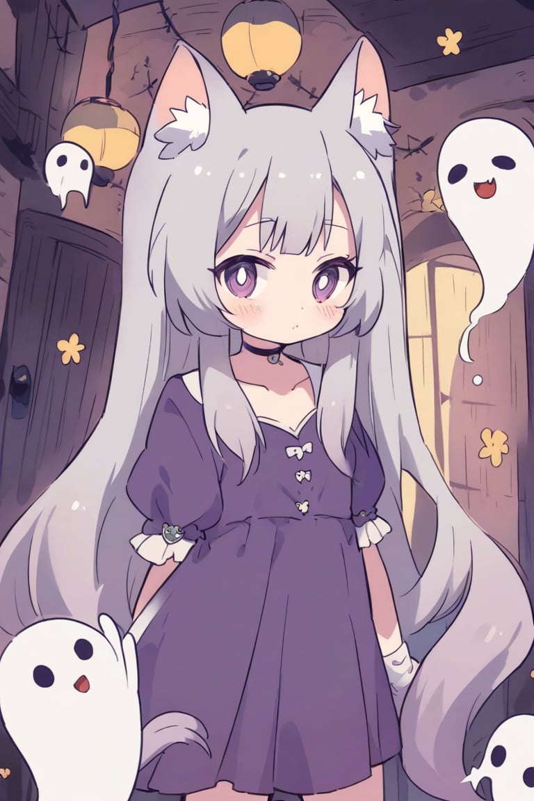 a cute ghost girl in HAUNTED HOUSE, cute, anime style, cat girl,