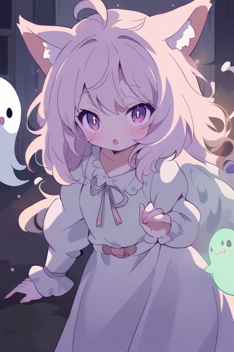 a cute ghost girl in HAUNTED HOUSE, cute, anime style, cat girl,