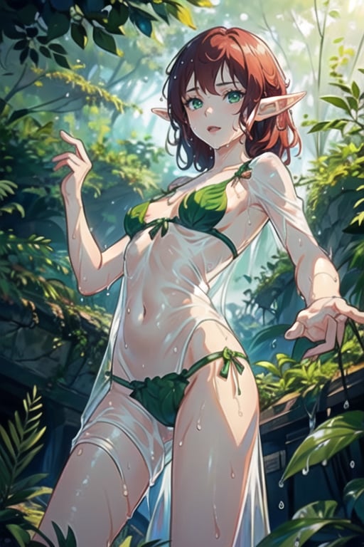 (1girl), (elf), (sheer nightgown:1.2) , red hair, look at camera , small chest, (public_hair:1.2), (wet body:1.3), hand on breast, forest, (fairy:1.2), branch, dancing, ballet,(from below), (seductive pose),leaf bikini, green eyes