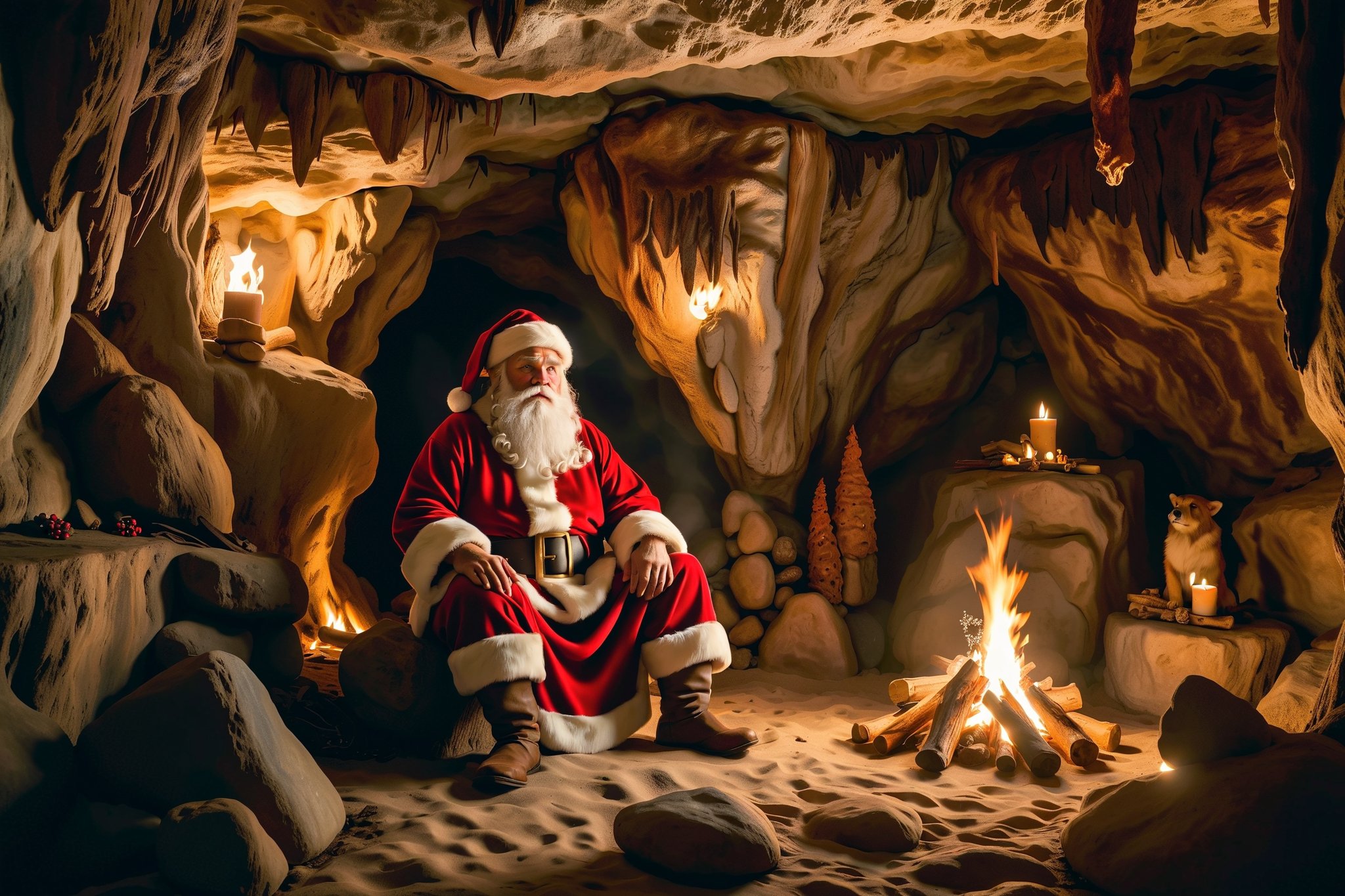 ((a caveman style santa)), sitting on a stone in the cave, animal skins hanging on the wall, bonfire made of stones, christmas,Epic Caves, epic, 8k, high resolution