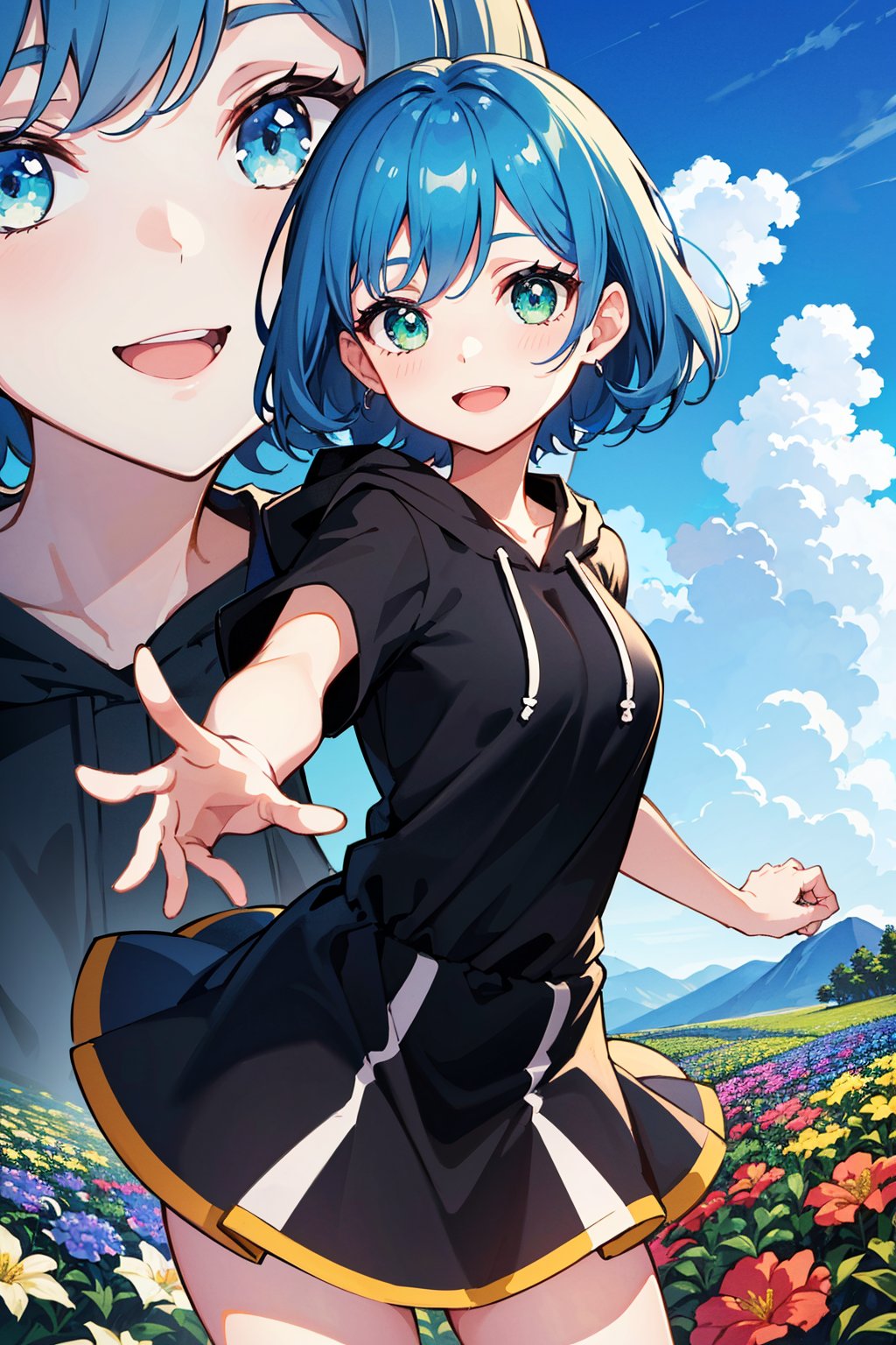 (cute girl holding a bunch of flowers in a flower garden),  (hoodie,  blue hair by tomtomW on Tensor.Art