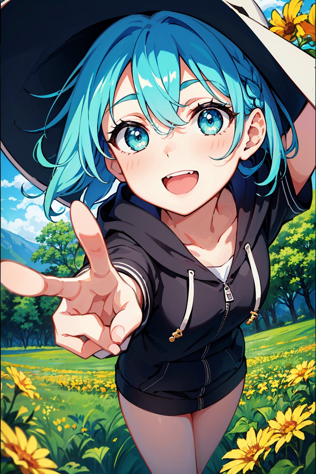 (cute girl holding a bunch of flowers in a flower garden),  (hoodie,  blue hair by tomtomW on Tensor.Art