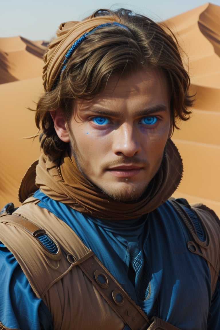 masterpiece, best quality, dune, desert costume, blue eyes, white skin, a yound man, brown hair,blue_eyes,more detail XL