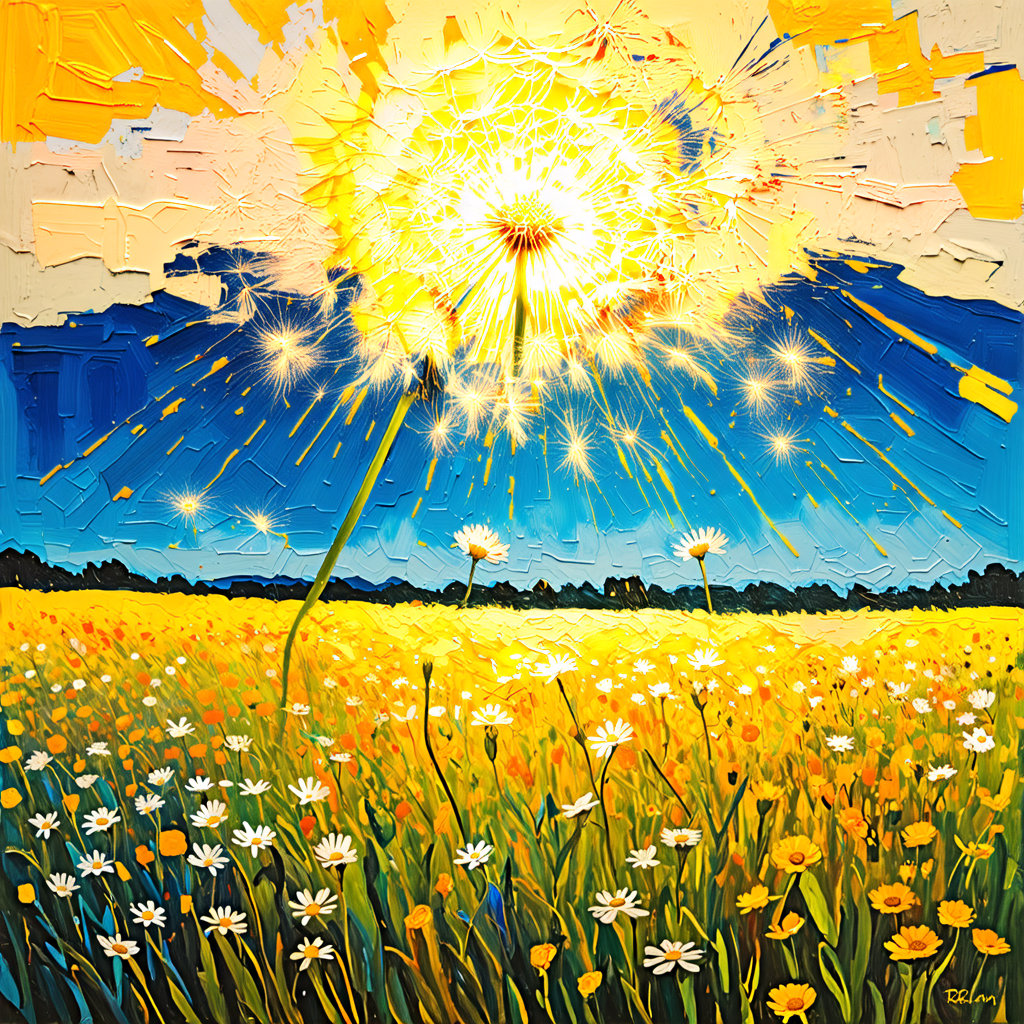 iconic Van Gogh oil painting style, ultra-detailed, beam of light illuminating a dandelion flower in a vibrant flower-filled field, a breathtaking scene where a beam of light shines down to illuminate a single dandelion flower in the midst of a beautiful and vibrant flower-filled field, the composition is both serene and captivating, inviting viewers to marvel at the beauty of nature's radiance 