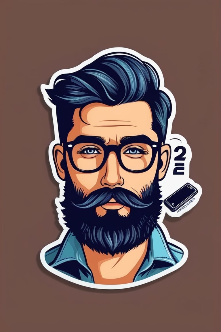  Man short beard 2D flat illustration sticker design with text saying "Phone2Cover" in the style of "Retro Hipster."