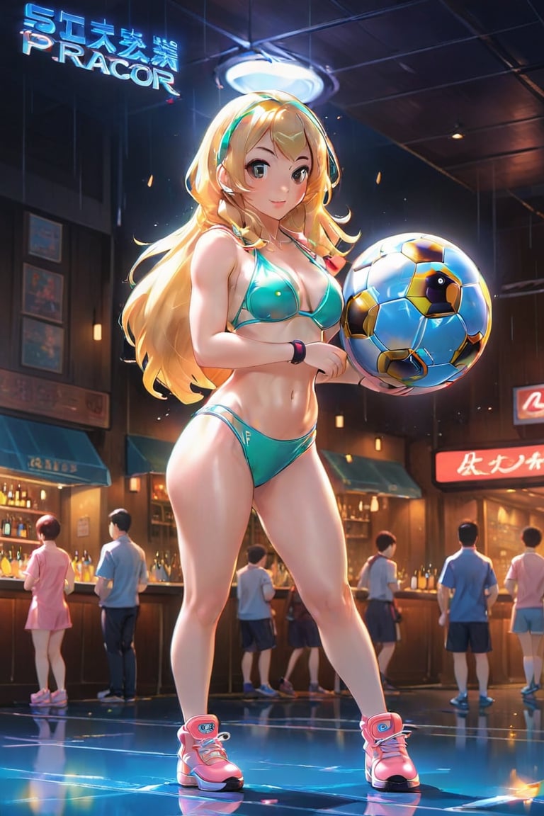 a woman in a bikini holding a soccer ball,  concept art,  by Okada Beisanjin by plastik on Tensor.Art