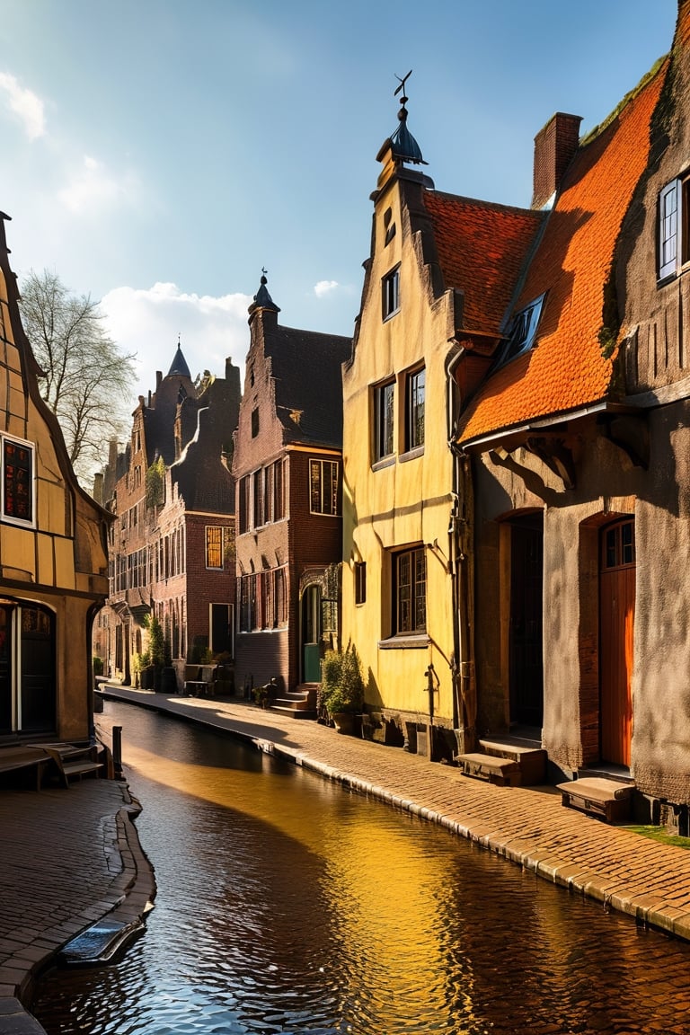 color photo of a captivating medieval Dutch village, reminiscent of the landscapes immortalized by the three most famous Dutch painters. This enchanting scene transports viewers back in time, immersing them in the rich history and artistic heritage of the Netherlands. The village exudes a sense of old-world charm, with its cobblestone streets, half-timbered houses, and towering church spires. The color palette chosen for the photo reflects the earthy tones and muted hues commonly found in Dutch paintings of the era, evoking a sense of nostalgia and timelessness. As one explores the village, the influence of the three most famous Dutch painters becomes evident. Johannes Vermeer's attention to detail is reflected in the meticulously crafted facades and intricate architectural elements, while Rembrandt's mastery of light and shadow can be seen in the dramatic play of sunlight on the village's ancient walls. Finally, Pieter Bruegel the Elder's skill in capturing the essence of rural life is showcased in the bustling market square and the lively scenes of villagers going about their daily activities. This captivating photo invites viewers to step into the past and appreciate the artistic legacy of these renowned painters, allowing them to experience the beauty and charm of a medieval Dutch village through the eyes of these masters. Whether admired for its historical accuracy, its ability to evoke a sense of nostalgia and cultural pride, or its representation of a bygone era, this enchanting photo stands as a testament to the enduring impact of these three iconic Dutch painters