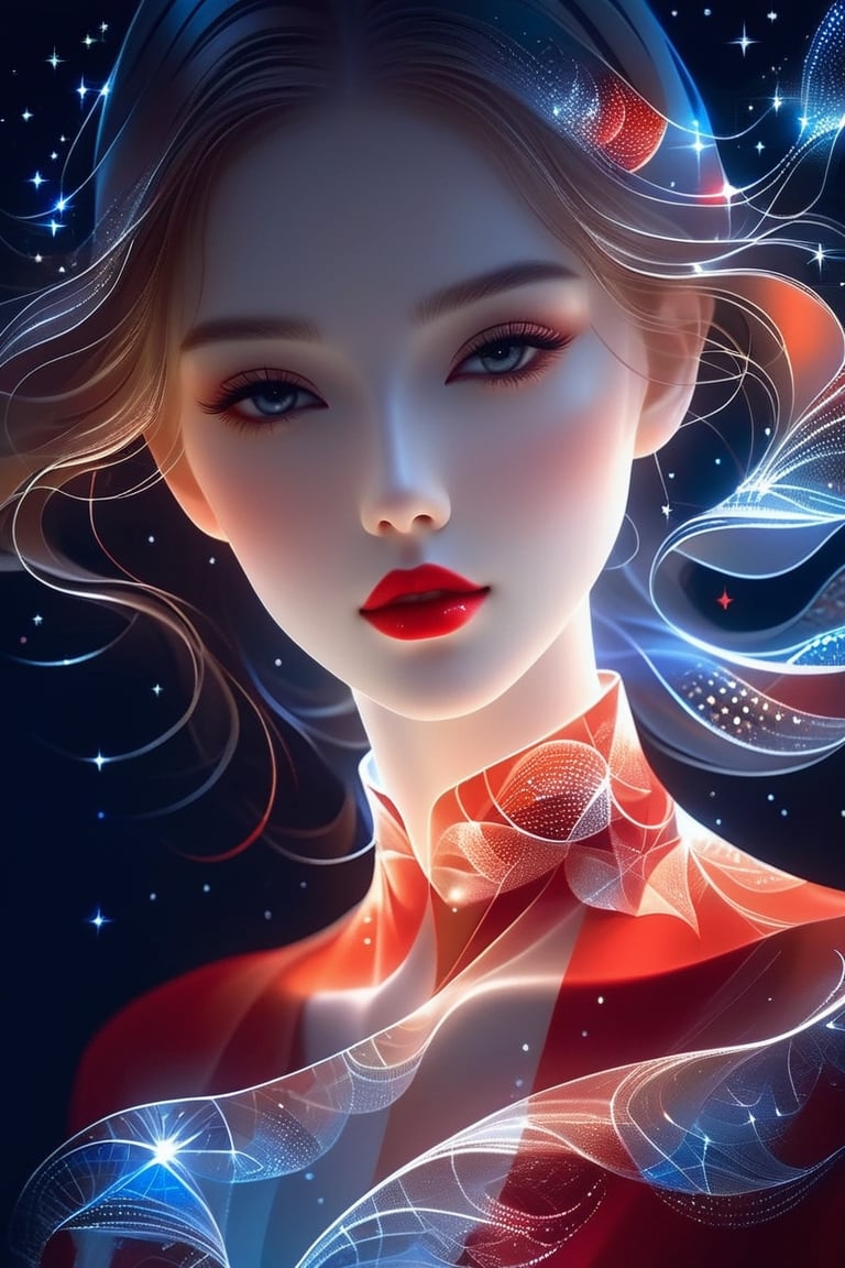 a close up of a woman a red lipstick, "Fractal Starscape" in melted paper style,  minimalist hologram, long hair glowing, line glowing surrounds the body on a simple background,minimalist hologram