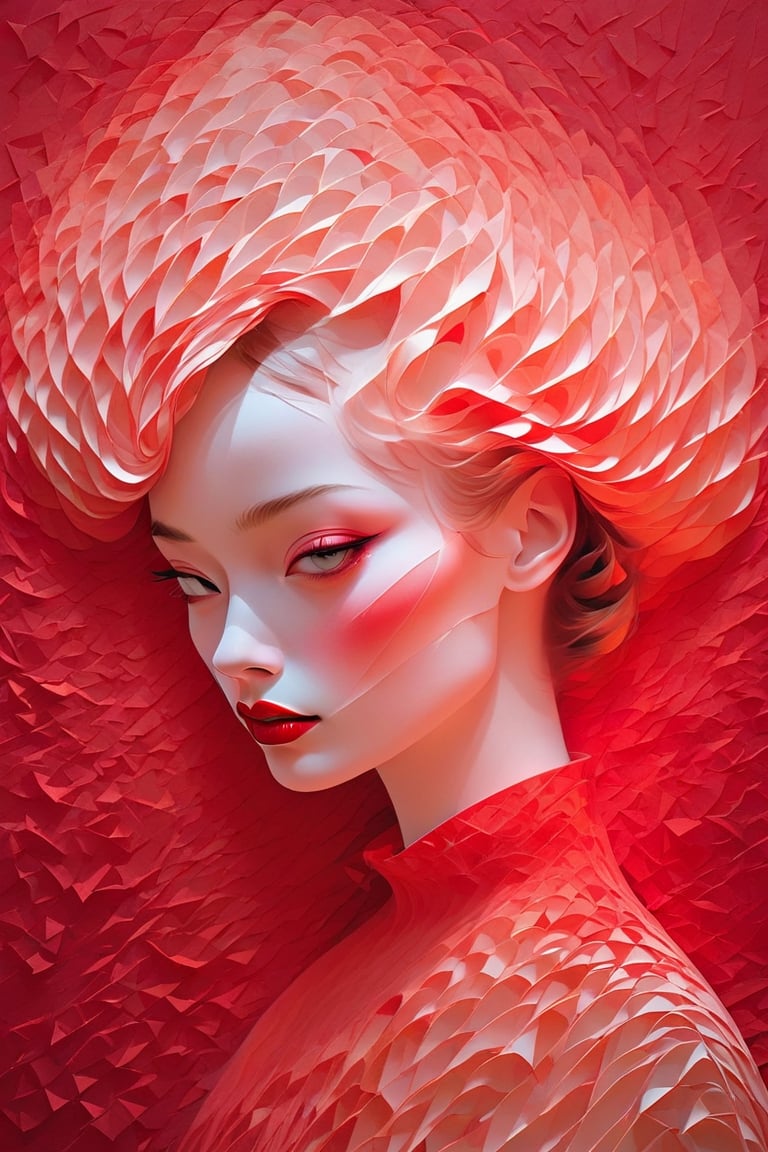 a close up of a woman a red lipstick, "Fractal Starscape" in melted paper style, 