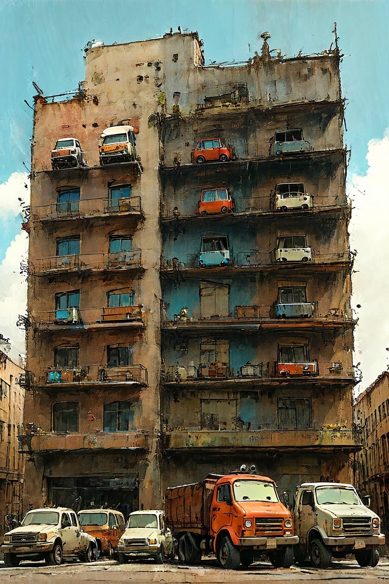 a group of trucks that are parked in front of a building, hayao miyazaki\'s movies, detailed innards, oilpunk, like bebop, ver.ka mecha machinarium, terada, inspired by Edward Sorel, zoomed out to show entire image, website banner, by Takashi Murakami, full width