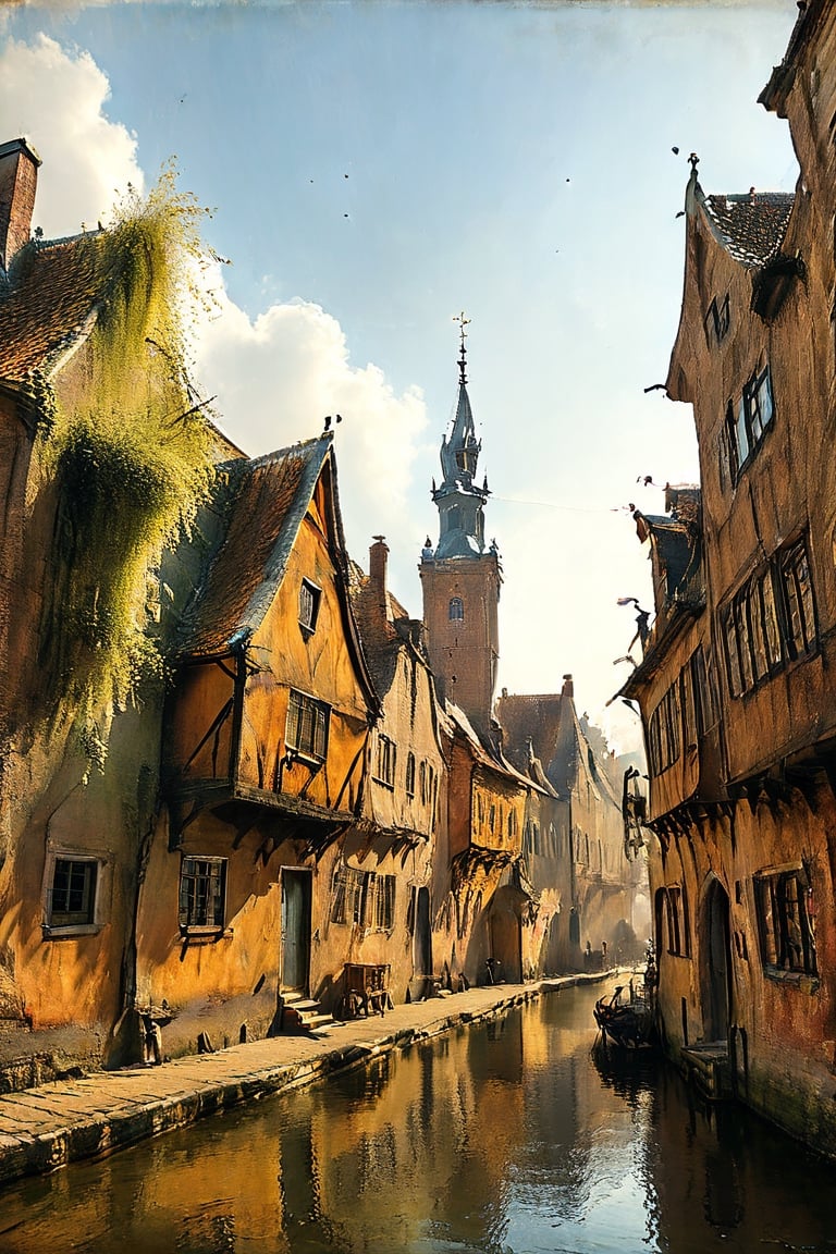 color photo of a captivating medieval Dutch village, reminiscent of the landscapes immortalized by the three most famous Dutch painters. This enchanting scene transports viewers back in time, immersing them in the rich history and artistic heritage of the Netherlands. The village exudes a sense of old-world charm, with its cobblestone streets, half-timbered houses, and towering church spires. The color palette chosen for the photo reflects the earthy tones and muted hues commonly found in Dutch paintings of the era, evoking a sense of nostalgia and timelessness. As one explores the village, the influence of the three most famous Dutch painters becomes evident. Johannes Vermeer's attention to detail is reflected in the meticulously crafted facades and intricate architectural elements, while Rembrandt's mastery of light and shadow can be seen in the dramatic play of sunlight on the village's ancient walls. Finally, Pieter Bruegel the Elder's skill in capturing the essence of rural life is showcased in the bustling market square and the lively scenes of villagers going about their daily activities. This captivating photo invites viewers to step into the past and appreciate the artistic legacy of these renowned painters, allowing them to experience the beauty and charm of a medieval Dutch village through the eyes of these masters. Whether admired for its historical accuracy, its ability to evoke a sense of nostalgia and cultural pride, or its representation of a bygone era, this enchanting photo stands as a testament to the enduring impact of these three iconic Dutch painters