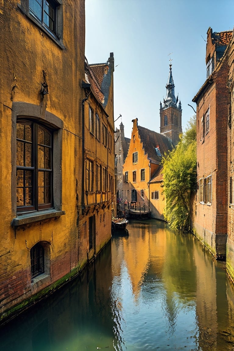 color photo of a captivating medieval Dutch village, reminiscent of the landscapes immortalized by the three most famous Dutch painters. This enchanting scene transports viewers back in time, immersing them in the rich history and artistic heritage of the Netherlands. The village exudes a sense of old-world charm, with its cobblestone streets, half-timbered houses, and towering church spires. The color palette chosen for the photo reflects the earthy tones and muted hues commonly found in Dutch paintings of the era, evoking a sense of nostalgia and timelessness. As one explores the village, the influence of the three most famous Dutch painters becomes evident. Johannes Vermeer's attention to detail is reflected in the meticulously crafted facades and intricate architectural elements, while Rembrandt's mastery of light and shadow can be seen in the dramatic play of sunlight on the village's ancient walls. Finally, Pieter Bruegel the Elder's skill in capturing the essence of rural life is showcased in the bustling market square and the lively scenes of villagers going about their daily activities. This captivating photo invites viewers to step into the past and appreciate the artistic legacy of these renowned painters, allowing them to experience the beauty and charm of a medieval Dutch village through the eyes of these masters. Whether admired for its historical accuracy, its ability to evoke a sense of nostalgia and cultural pride, or its representation of a bygone era, this enchanting photo stands as a testament to the enduring impact of these three iconic Dutch painters