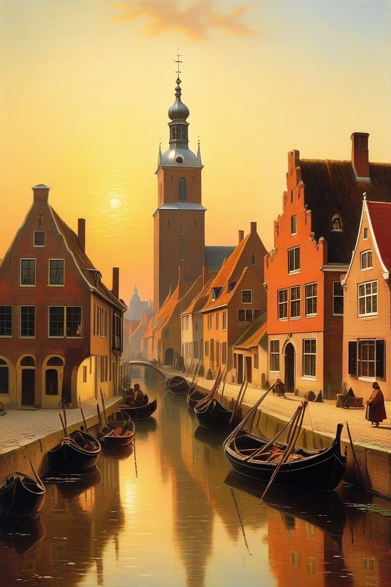 color photo of a captivating medieval Dutch village, reminiscent of the landscapes immortalized by the three most famous Dutch painters. This enchanting scene transports viewers back in time, immersing them in the rich history and artistic heritage of the Netherlands. The village exudes a sense of old-world charm, with its cobblestone streets, half-timbered houses, and towering church spires. The color palette chosen for the photo reflects the earthy tones and muted hues commonly found in Dutch paintings of the era, evoking a sense of nostalgia and timelessness. As one explores the village, the influence of the three most famous Dutch painters becomes evident. Johannes Vermeer's attention to detail is reflected in the meticulously crafted facades and intricate architectural elements, while Rembrandt's mastery of light and shadow can be seen in the dramatic play of sunlight on the village's ancient walls. Finally, Pieter Bruegel the Elder's skill in capturing the essence of rural life is showcased in the bustling market square and the lively scenes of villagers going about their daily activities. This captivating photo invites viewers to step into the past and appreciate the artistic legacy of these renowned painters, allowing them to experience the beauty and charm of a medieval Dutch village through the eyes of these masters. Whether admired for its historical accuracy, its ability to evoke a sense of nostalgia and cultural pride, or its representation of a bygone era, this enchanting photo stands as a testament to the enduring impact of these three iconic Dutch painters