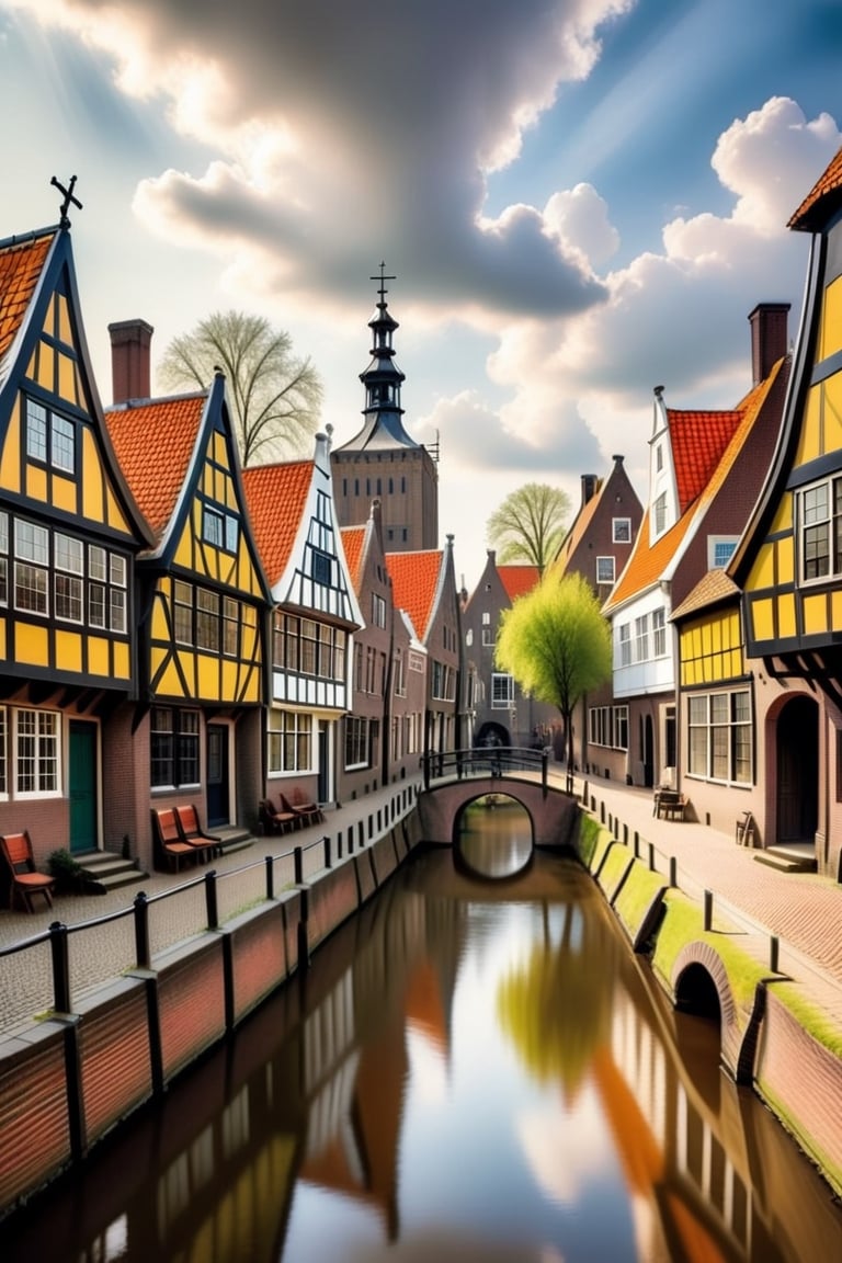 color photo of a captivating medieval Dutch village, reminiscent of the landscapes immortalized by the three most famous Dutch painters. This enchanting scene transports viewers back in time, immersing them in the rich history and artistic heritage of the Netherlands. The village exudes a sense of old-world charm, with its cobblestone streets, half-timbered houses, and towering church spires. The color palette chosen for the photo reflects the earthy tones and muted hues commonly found in Dutch paintings of the era, evoking a sense of nostalgia and timelessness. As one explores the village, the influence of the three most famous Dutch painters becomes evident. Johannes Vermeer's attention to detail is reflected in the meticulously crafted facades and intricate architectural elements, while Rembrandt's mastery of light and shadow can be seen in the dramatic play of sunlight on the village's ancient walls. Finally, Pieter Bruegel the Elder's skill in capturing the essence of rural life is showcased in the bustling market square and the lively scenes of villagers going about their daily activities. This captivating photo invites viewers to step into the past and appreciate the artistic legacy of these renowned painters, allowing them to experience the beauty and charm of a medieval Dutch village through the eyes of these masters. Whether admired for its historical accuracy, its ability to evoke a sense of nostalgia and cultural pride, or its representation of a bygone era, this enchanting photo stands as a testament to the enduring impact of these three iconic Dutch painters