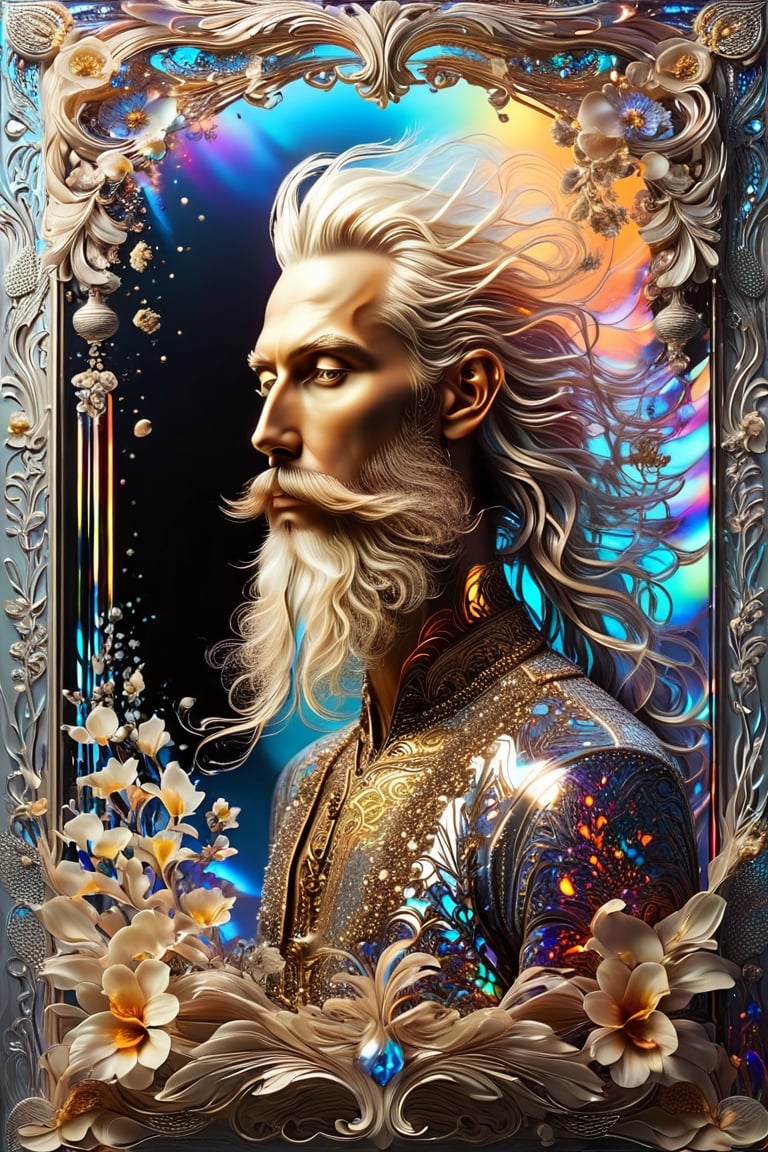 color photo of a translucent holograph card with an ornate border and rounded corners, displaying a captivating black and white photo of a man with a long beard. The photo is influenced by the art nouveau style, showcasing intricate details and flowing lines reminiscent of the period. As light hits the holograph card, silver refractions create an ethereal and otherworldly effect, adding a touch of magic to the composition. The overall aesthetic of the card is reminiscent of an album cover by Serhii Vasylkivsky, a talented artist known for his evocative and symbolic works. The card exudes a sense of mystery and elegance, inviting the viewer to delve into the depths of the image. The influence of Tumblr, with its eclectic mix of visual inspirations, can be seen in the unconventional merging of styles and themes. The Renaissance era serves as a backdrop, infusing the photo with a sense of historical richness and artistic mastery. The collaboration between Nikolay Georgiev, a visionary photographer known for his conceptual and emotive portraits, and Apollinaris Vasnetsov, a renowned painter of Orthodox saints, results in a harmonious blend of contemporary and traditional elements. The image captures the essence of an Orthodox saint, radiating spirituality and wisdom. 