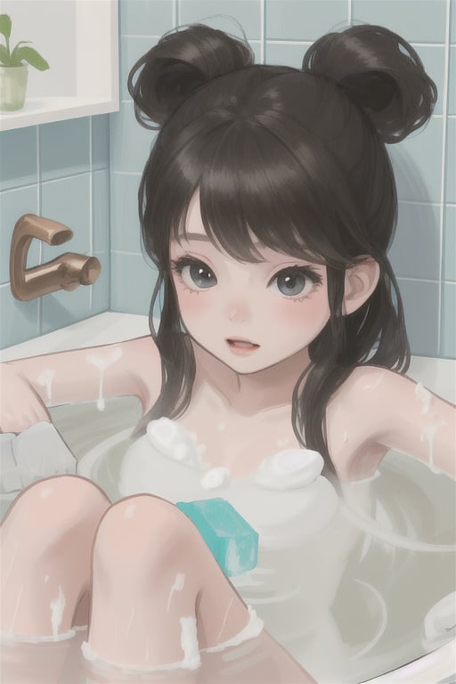 a little girl using soap bar, taking a bath, cartoon design