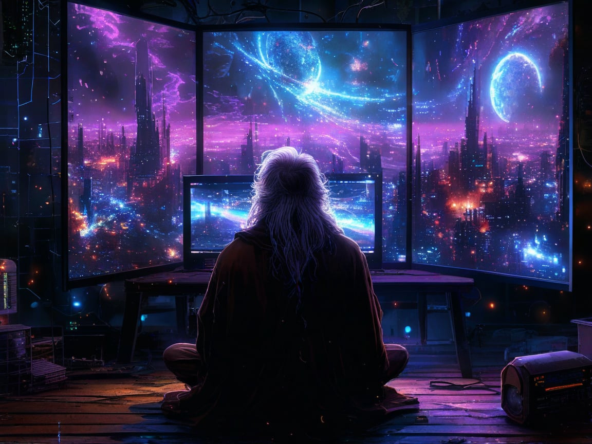 A homeless person who sits at a wooden table in front of a square black monitor and it generates images of a futuristic city, there is a dark system unit on the floor, he has long gray hair with a gray beard of about 55 years old, he is dressed in a dark brown wizard's cape, the environment is a typical homeless person's home, a semi-dump, in the open wall you can see a bright futuristic night city.,noc-space