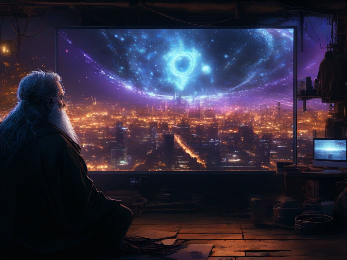 A homeless person who sits at a wooden table in front of a square black monitor and it generates images of a futuristic city, there is a dark system unit on the floor, he has long gray hair with a gray beard of about 55 years old, he is dressed in a dark brown wizard's cape, the environment is a typical homeless person's home, a semi-dump, in the open wall you can see a bright futuristic night city.,noc-space