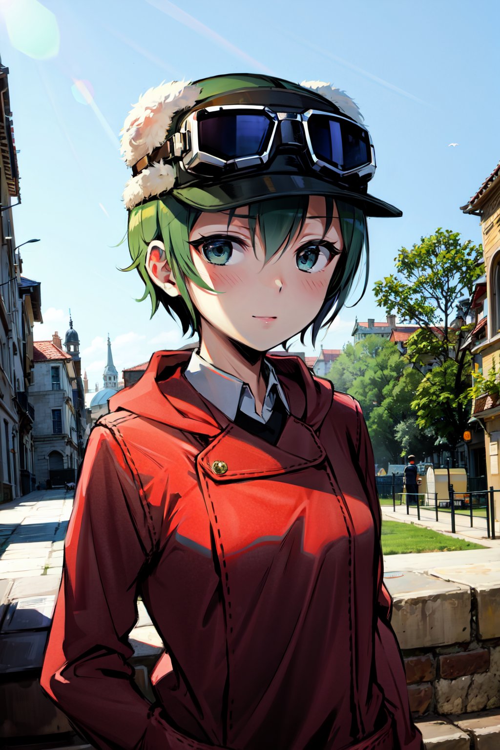 kino \(kino no tabi\), 1girl, outdoors, googles on head, upper body, 