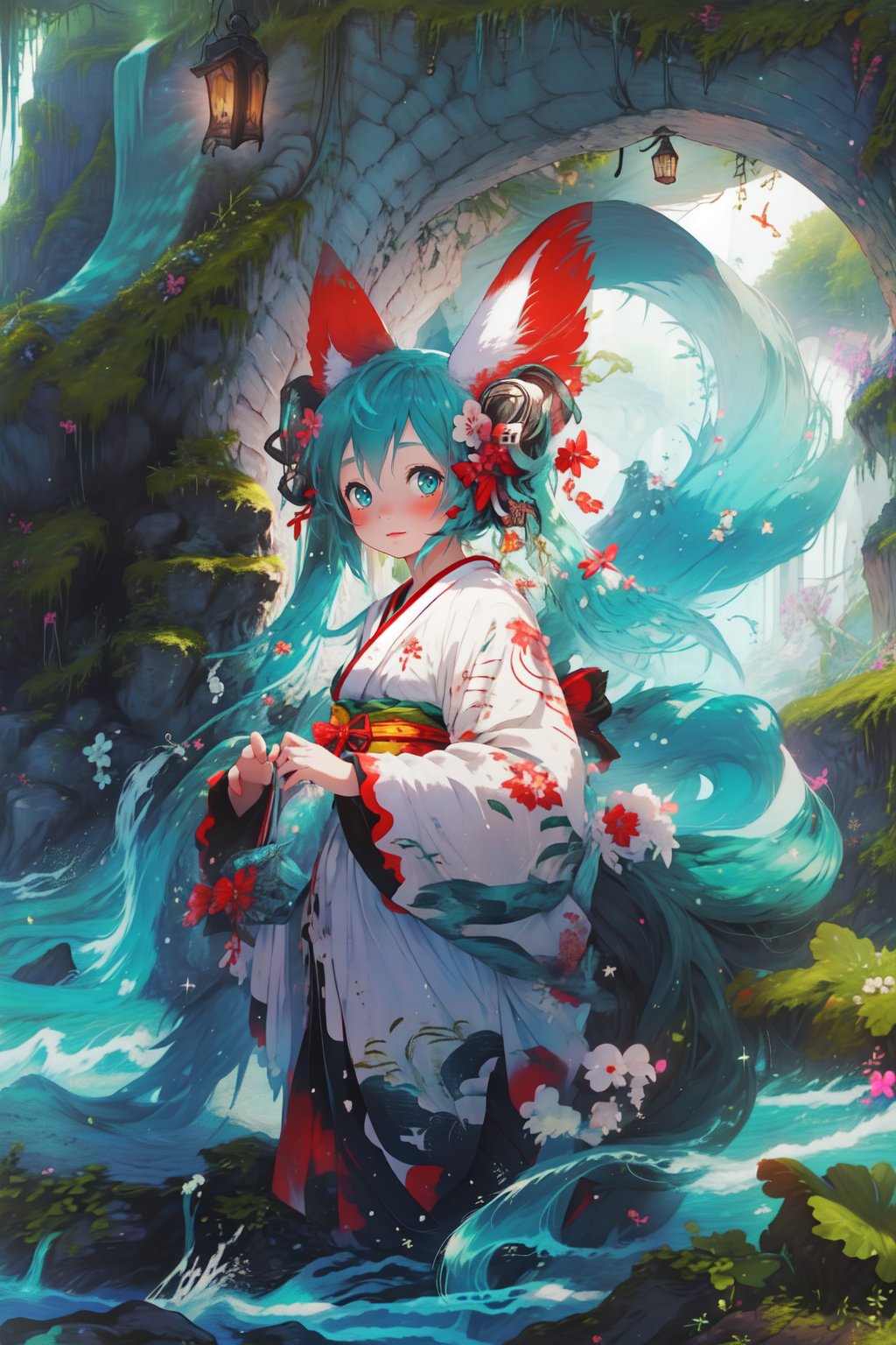 1girl, hatsune miku, fox ears, fox tail, kimono, 