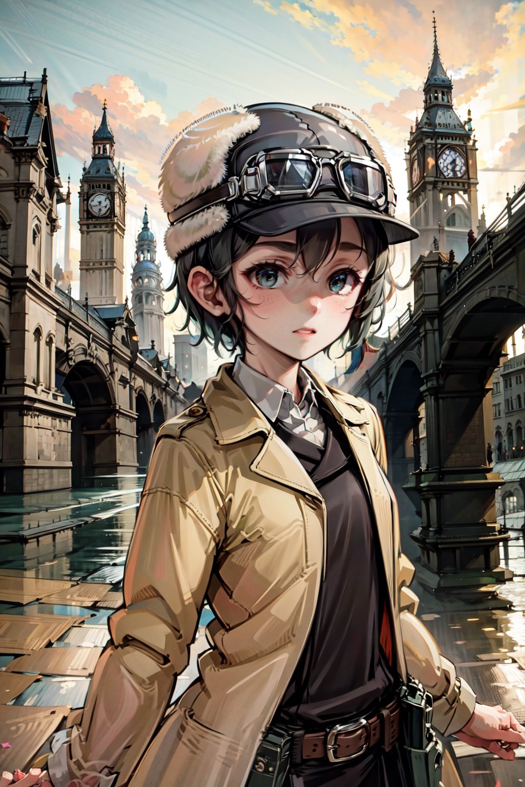 kino \(kino no tabi\), 1girl, outdoors, googles on head, upper body, ,stylemix, hat, coat