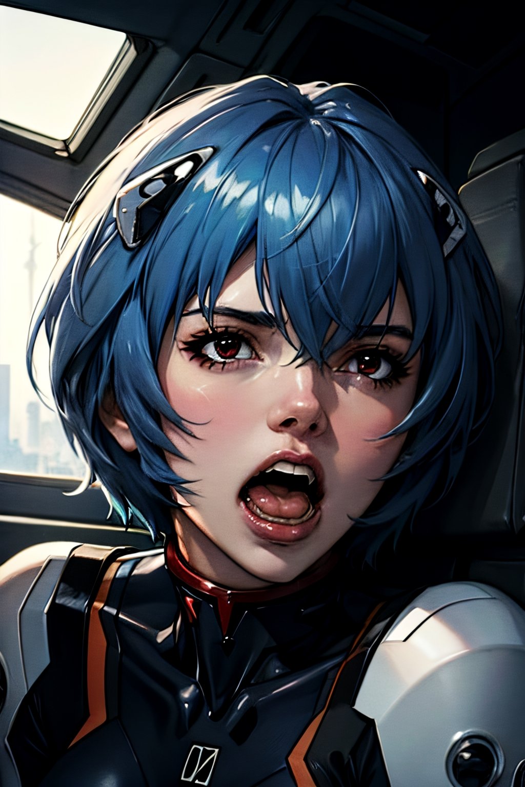 Neon Genesis Evangelion's Rei Ayanami, facial portrait, sexy stare, screaming, inside robot cockpit, fighting aliens, ,rei ayanami