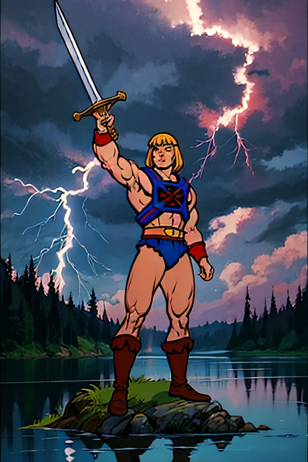 He-man, facial portrait, sexy stare, smirked, full body, on top of hill, forest, lake, cloudy sky, lightning, ,he-man, holding sword of power up