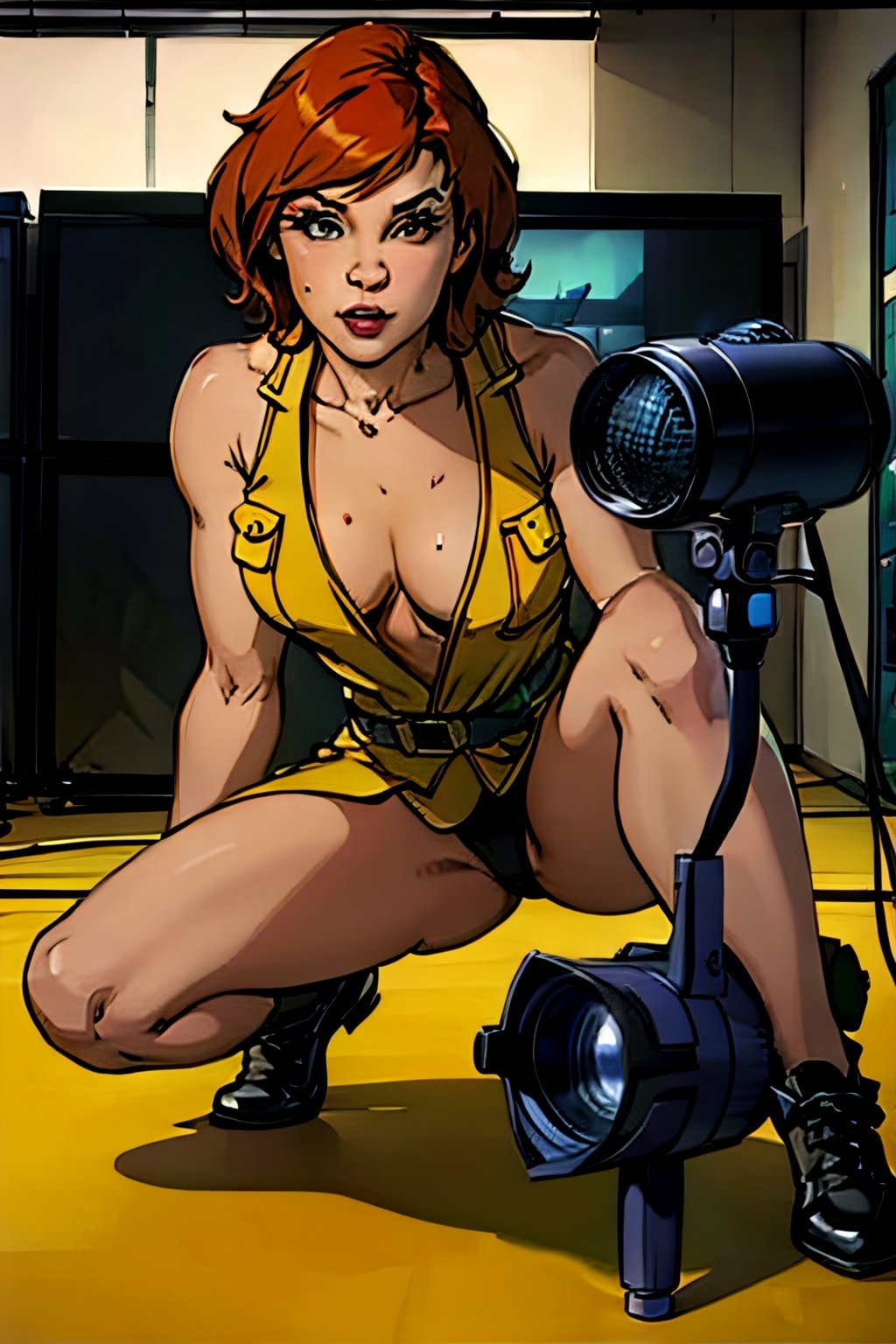 april o'neil, facial portrait, sexy stare, full body, sexy  pose, inside newsroom, cameras, teleprompter, microphone, ninja turtles, 