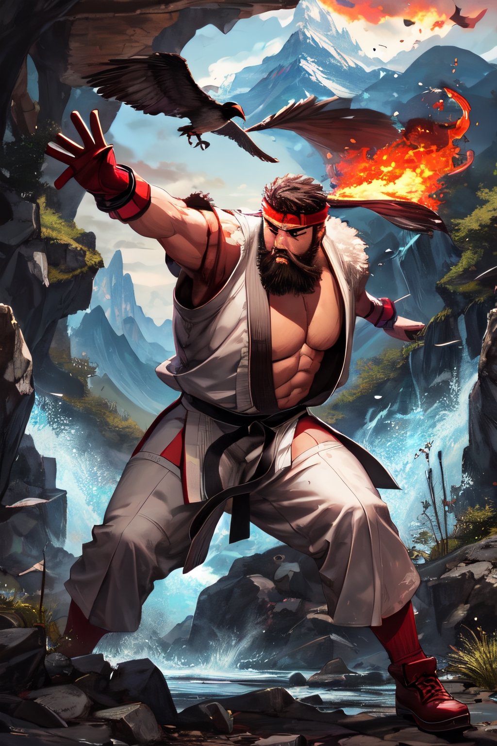 sfr1v, facial portrait, sexy stare, heavy beard, full body, fighting stance, mountains, birds, trees, waterfall, throwing fire ball, screaming 