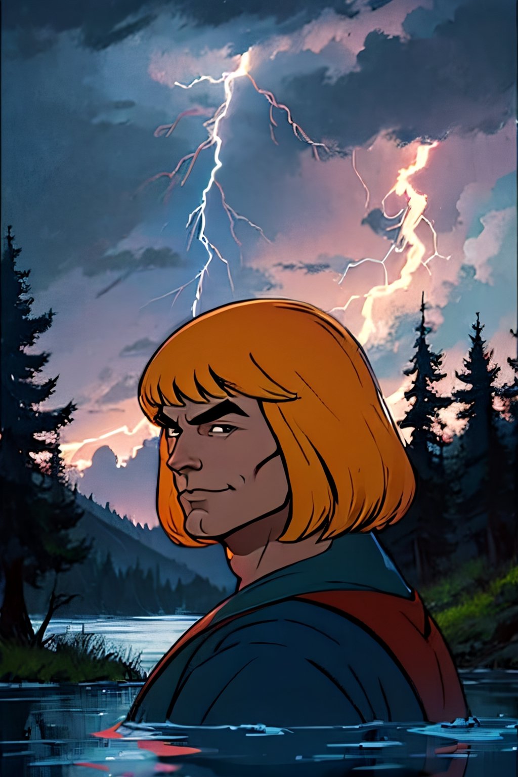 He-man, facial portrait, sexy stare, smirked, on top of hill, forest, lake, cloudy sky, lightning, ,he-man, from behind 