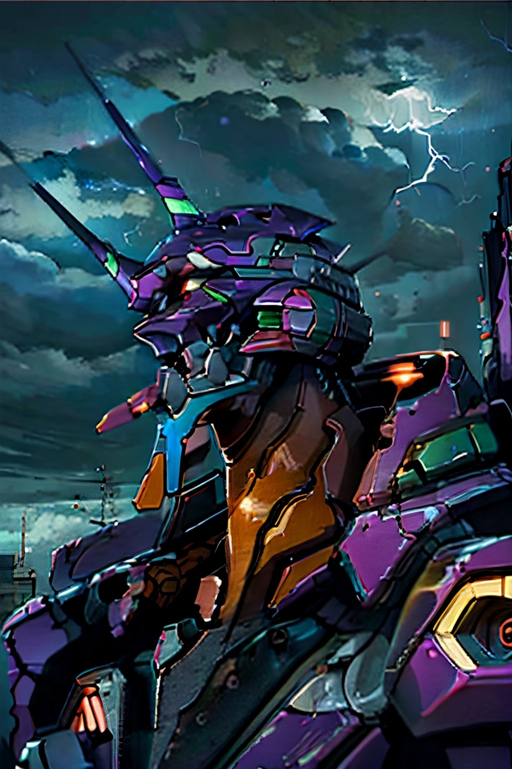 Neon Genesis Evangelion's, unit 01, facial portrait,  futuristic buildings, cloudy sky, lightning, evangelion mecha, 