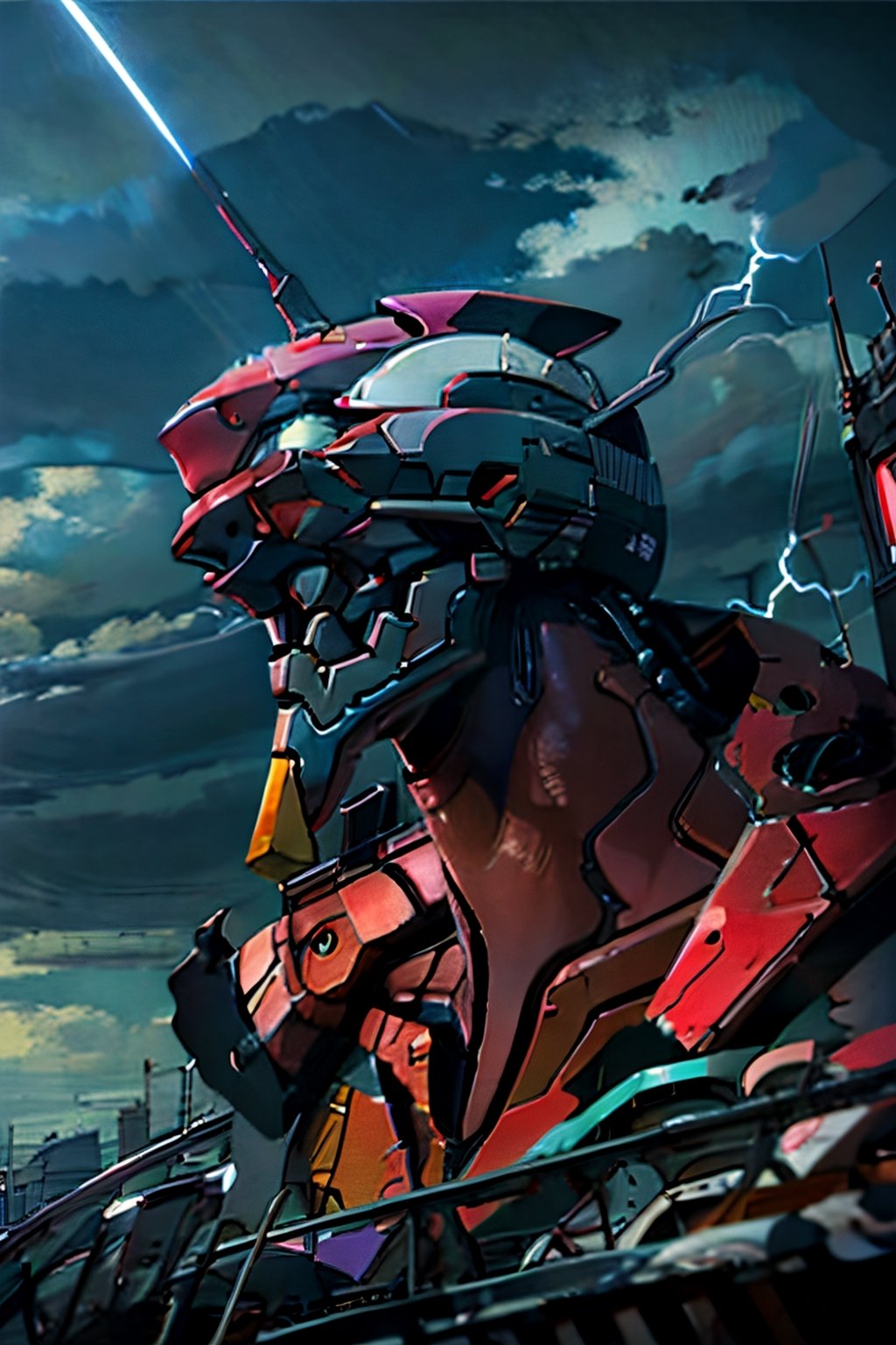 Neon Genesis Evangelion's, facial portrait,  futuristic buildings, cloudy sky, lightning, evangelion mecha, 