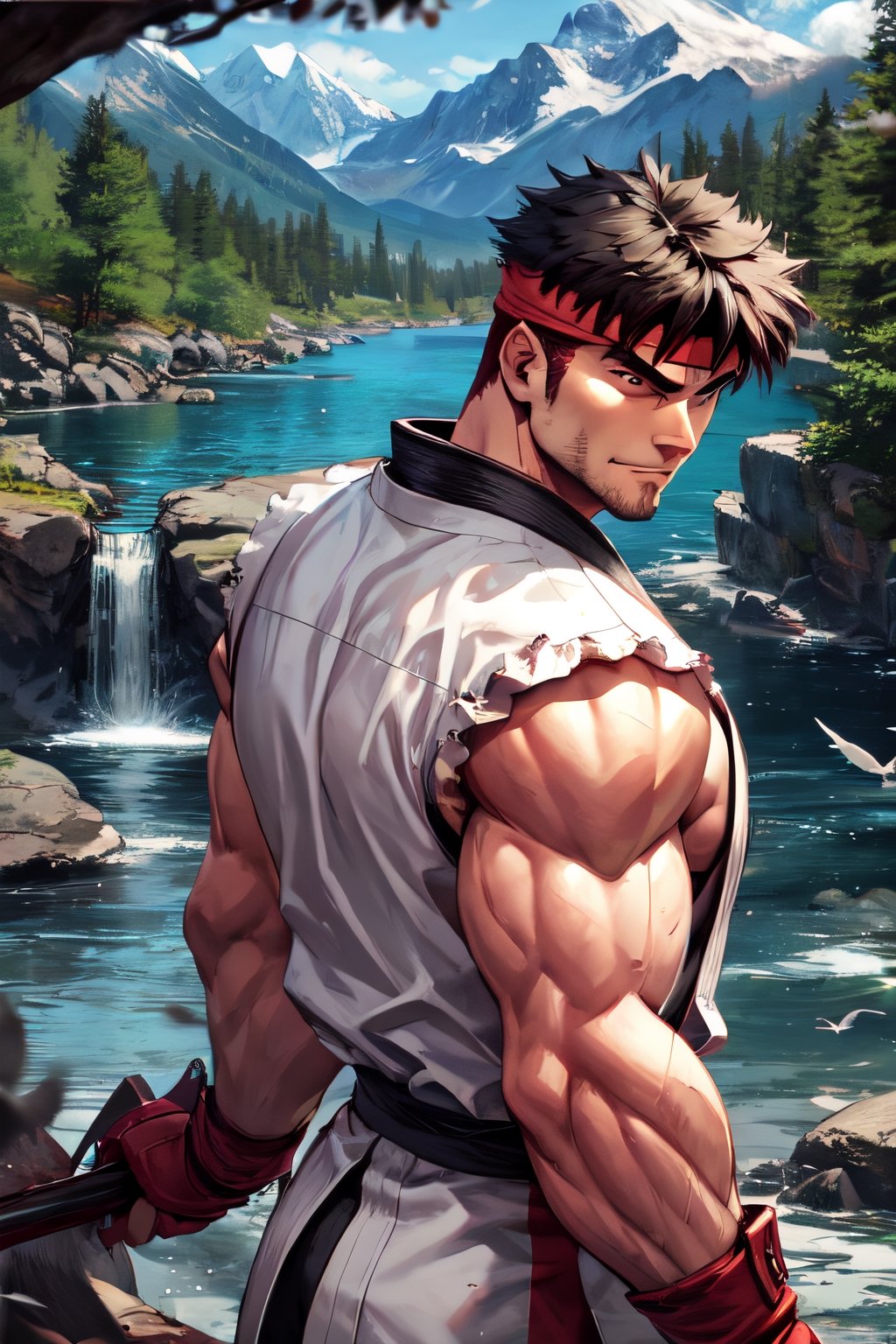 sfr1v, facial portrait, sexy stare, smirked, fighting stance, mountains, birds, trees, waterfall, hodoken, from behind 