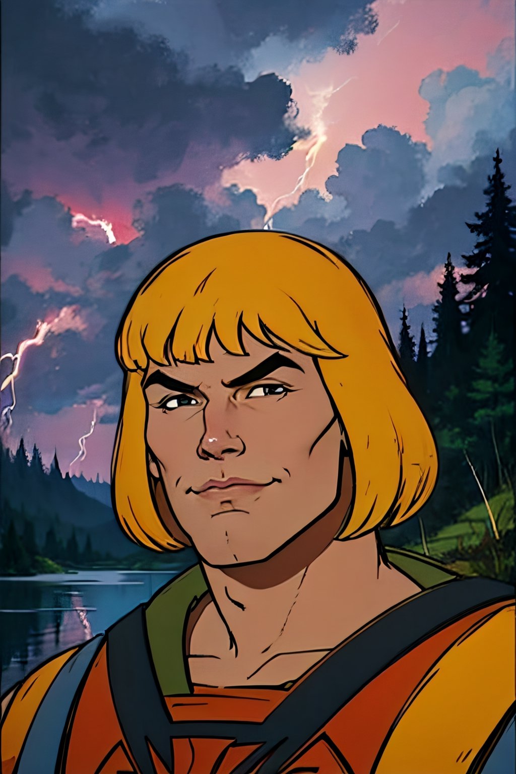 He-man, facial portrait, sexy stare, smirked, on top of hill, forest, lake, cloudy sky, lightning, ,he-man,