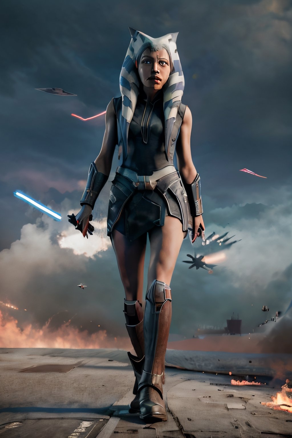 ahsokatano, facial portrait, sexy stare, smirked, full body, sexy pose, futuristic city, cloudy sky, spaceships, light_saber, white, holding it on each hand ,death star in the sky, AT AT burning in the streets, 