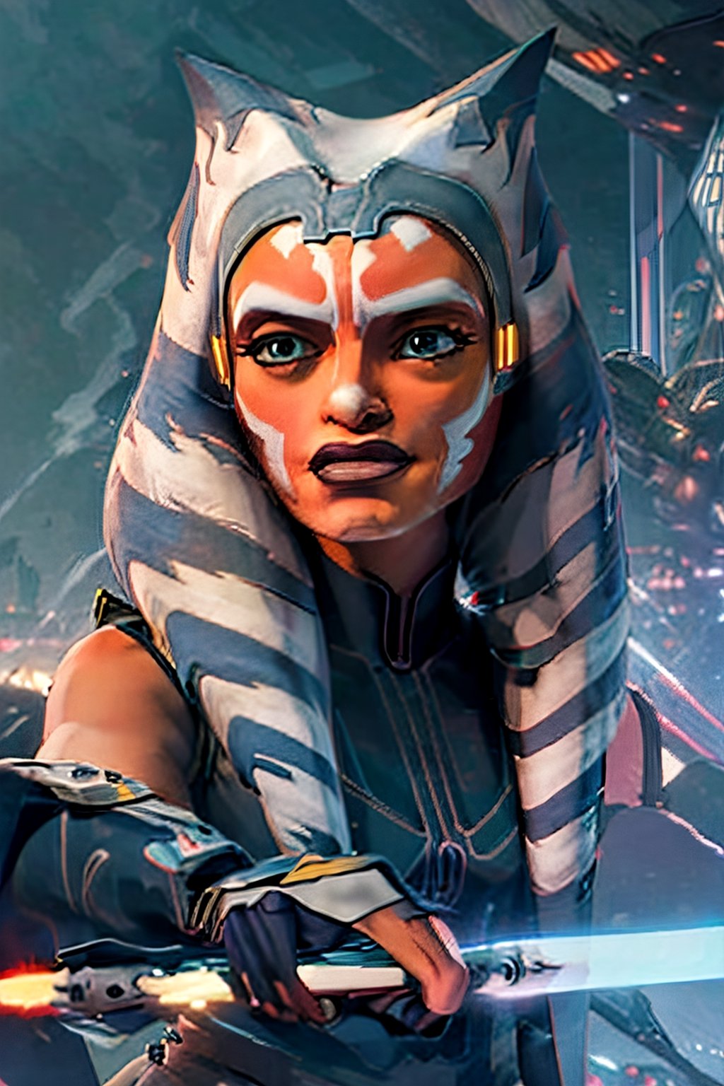 ahsokatano, facial portrait, sexy stare, smirked, futuristic city, cloudy sky, spaceships, light_saber, white, screaming, 