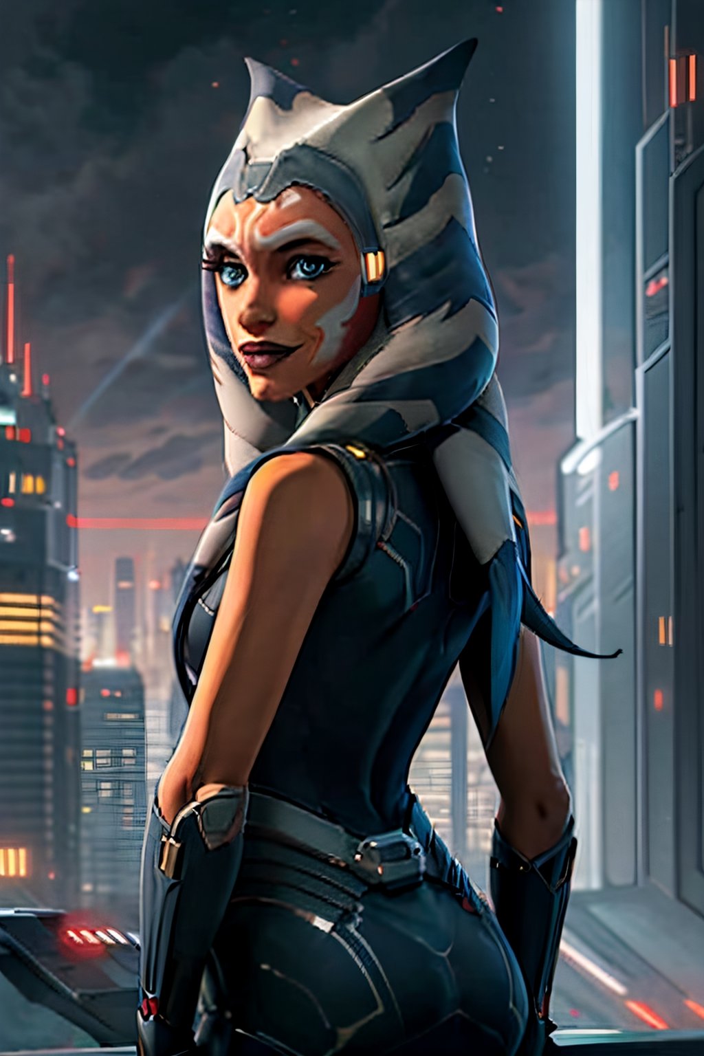 ahsokatano, facial portrait, sexy stare, smirked, futuristic city, cloudy sky, spaceships, butt shot 